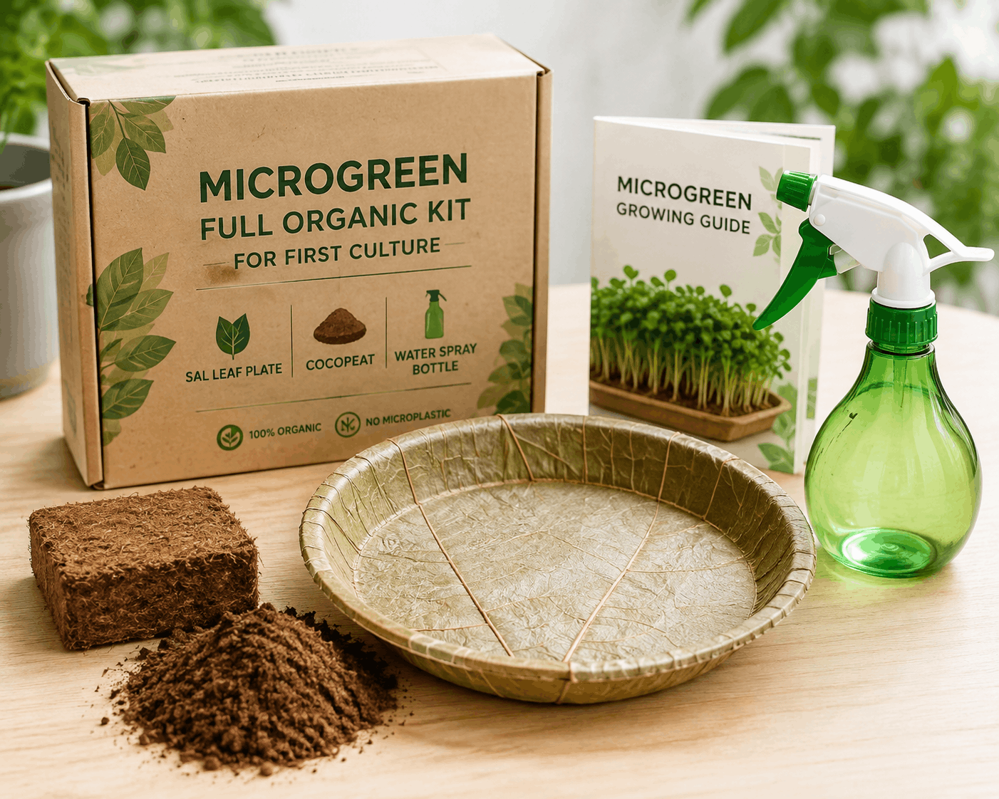 Microgreen Growing Kit – Organic Sal Leaf Plate, Cocopeat & Water Spray Bottle | Beginner Starter Kit