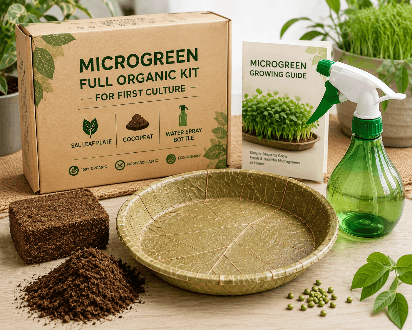 Microgreen Growing Kit – Organic Sal Leaf Plate, Cocopeat & Water Spray Bottle | Beginner Starter Kit - Image 4